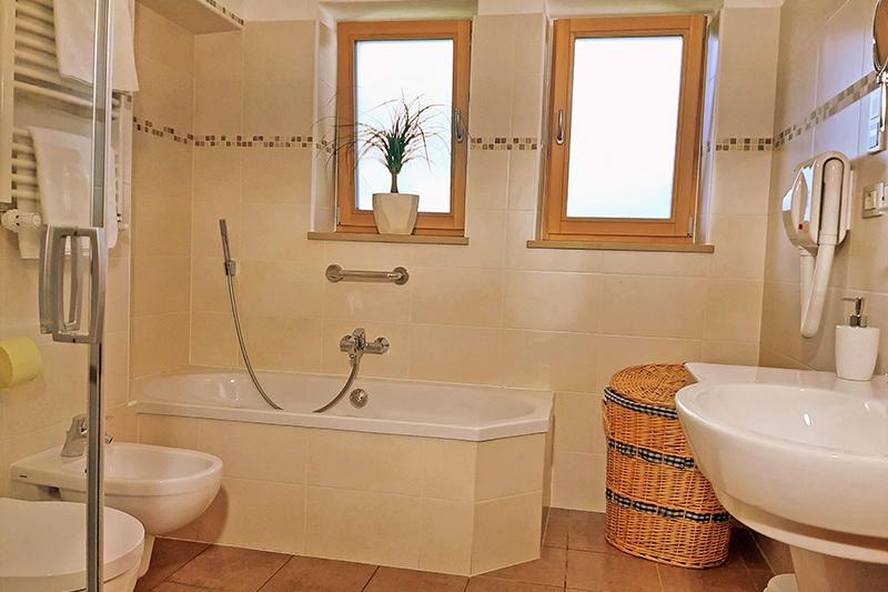 Bathroom with shower, bathtub and hairdryer