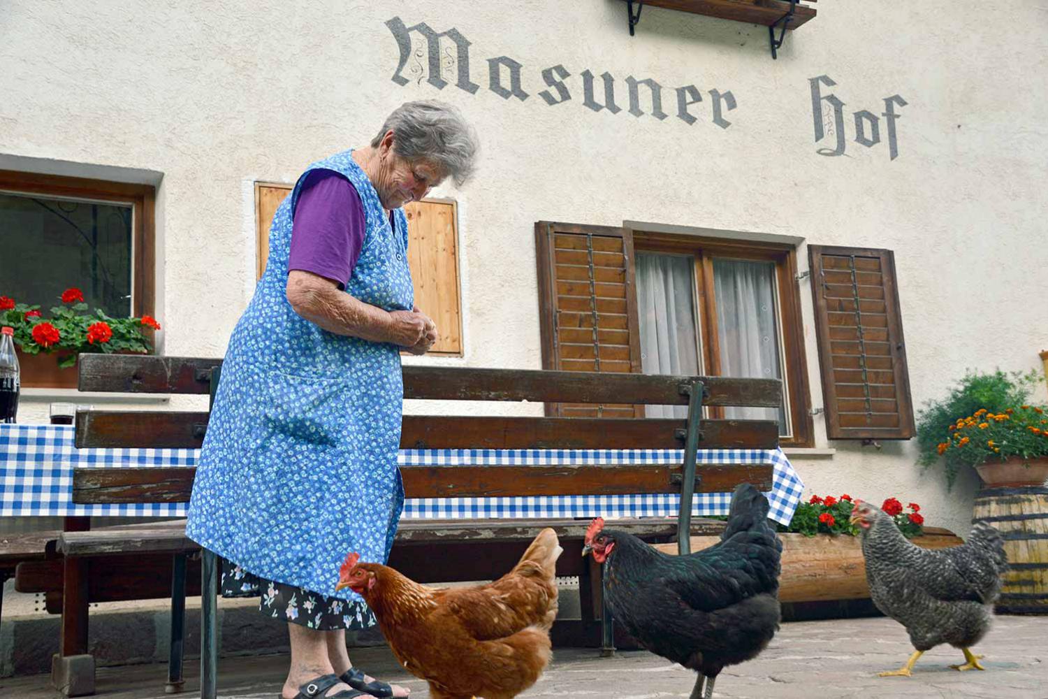 Grandma surrounded by the Masunerhof hens